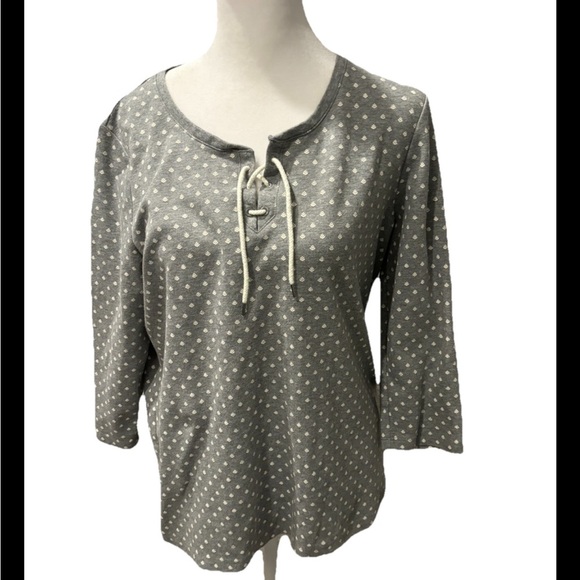L.L. Bean 100% Cotton Grey & White Printed Lace Up Blouse - Picture 1 of 6
